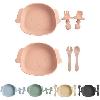 1 комплект Детской посуды с мультфильмами, Детская Столовая посуда, Силиконовая присоска + Вилка-ложка, Силиконовый набор для кормления Без BPA Изображение
