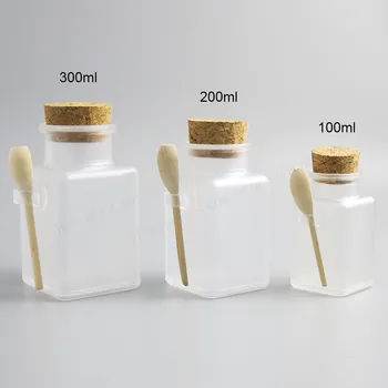 100 x Пустая квадратная бутылка соли для ванны 100 г 200 г 300 г 200 мл пластиковая бутылка порошка с пробкой банка соли для ванны с деревянной ложкой Изображение