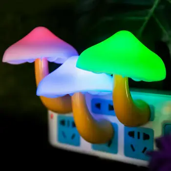 2 шт. Рождественский подарок Светодиодные ночные светильники в форме гриба с автоматическим датчиком, Декор для спальни, Настенные светильники для детской комнаты, прикроватная лампа США/ЕС Изображение