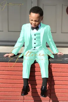 2022 Мятно-зеленая официальная одежда для мальчиков, костюмы для мальчиков (куртка + брюки + жилет) С вырезами на лацканах, Детское платье с цветочным рисунком для мальчиков, Комплекты блейзеров для свадебной вечеринки Изображение