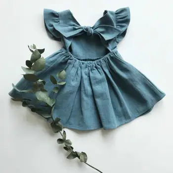 2023 Летнее новое хлопковое льняное платье Принцессы для девочек, Свободное детское повседневное платье трапециевидной формы с бантом для маленьких девочек, однотонная детская одежда Изображение