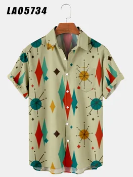 2023 Новая летняя рубашка для мужчин, рубашка с короткими рукавами на пуговицах, Креативная цифровая печать, Квадратная строчка, мужская футболка с V-образным вырезом, топ Изображение