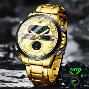 Curren Модные Спортивные Золотые Мужские Цифровые часы с Хронографом из Нержавеющей Стали Luminou Наручные Часы Led Мужские Наручные Часы для Мужчин Изображение