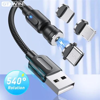 GTWIN 540 Вращающийся магнитный кабель Micro USB Type C, кабель для быстрой зарядки мобильного телефона Samsung, USB-кабель для зарядки магнитом, провод для передачи данных Изображение