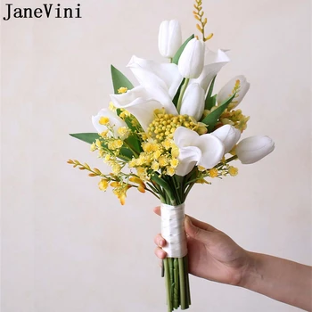 JaneVini Бело-желтый свадебный букет Невесты, Искусственная Калла, Лилия, Тюльпан, Свадебные цветы, Букет невесты, Свадебный букет Изображение