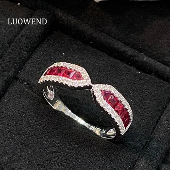 LUOWEND Кольца из белого золота 18 Карат с натуральным Рубином, Роскошный драгоценный камень, Изящный блестящий дизайн, Обручальное кольцо для женщин, ювелирные украшения для Помолвки Изображение
