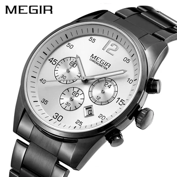 MEGIR, черные мужские часы с ремешком из нержавеющей стали, деловые водонепроницаемые кварцевые военные наручные часы для мужчин, Светящиеся часы Изображение