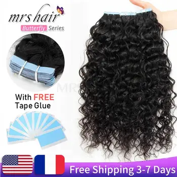 MRSHAIR Водная волнистая лента для наращивания человеческих волос Remy Curly skin уточная лента для наращивания волос # 1B 20 шт./упак. Изображение
