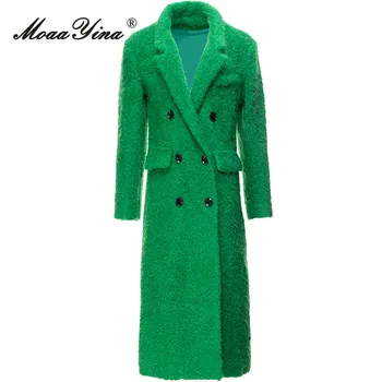 MoaaYina, Весна-осень, Модные подиумные Зеленые Винтажные пальто из плотных смесей, женские Двубортные пальто с лацканами и накладными карманами, длинные пальто из смесей Изображение
