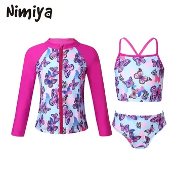 Nimiya Kids/ Комплект из 3 предметов для девочек, летние пляжные купальники с длинными рукавами и застежкой-молнией спереди, Пальто/Топы/ и трусы, купальные костюмы Изображение