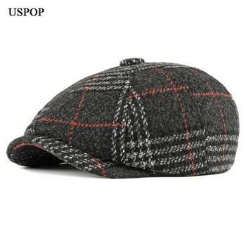 USPOP Мужские кепки Зимние береты клетчатый шерстяной берет мужская винтажная кепка с козырьком толстая военная шляпа Изображение