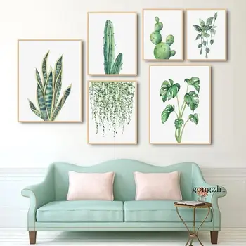 Акварельные Суккуленты, Плакат с кактусом, зеленый ботанический лист, холст, живопись и принт, настенные художественные картины для декора гостиной Изображение
