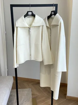 Белое кашемировое двустороннее кашемировое пальто с отворотом силуэта и шерстяное пальто средней длины для женщин Изображение