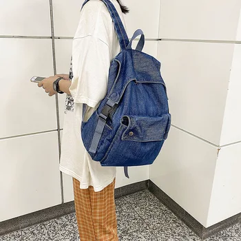 Винтажная ветровая джинсовая сумка на плечо, женский 2020 новый рюкзак большой емкости, студенческая сумка, простая большая сумка, рюкзаки Изображение