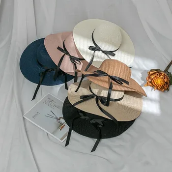 Галстук-бабочка с большими полями, однотонная женская модная пляжная шляпа с защитой от солнца, весна-лето, складная соломенная шляпа с козырьком, женская кепка Изображение