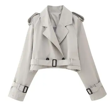 Демисезонное пальто из линя с длинными рукавами и поясом, укороченный тренч, Свободные короткие куртки, 5 цветов Изображение