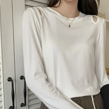 Женская футболка с круглым вырезом и открытыми плечами, Весна 2023, весенний однотонный Универсальный низ, Японские Свободные футболки с длинным рукавом Изображение
