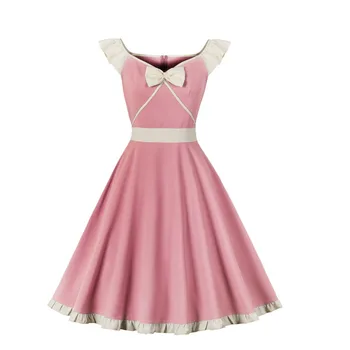 Женское Винтажное Вечернее платье в стиле принцессы с круглым вырезом и бантом в стиле Ретро 1950-х Годов, нежно-розовый пояс, Летящий рукав, Рокабилли, Вечернее платье Изображение