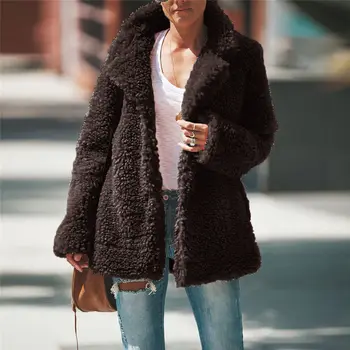 Женское осенне-зимнее пальто из ягненка с однотонным воротником и длинным рукавом, утолщенные женские и дамские модные куртки, пальто Изображение