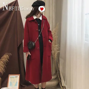 Женское шерстяное пальто Длинного фасона 2020, Новое корейское толстое однобортное женское пальто Изображение