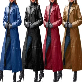 Зимняя женская модная длинная куртка из кожи в стиле киберпанк, повседневные свободные пуговицы, однотонные пальто, байкерская куртка с лацканами, большие размеры Изображение