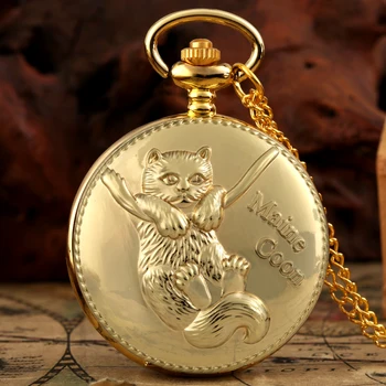 Карманные кварцевые часы с изображением мейн-куна из Античного Золота, часы с милым котенком для детей, Кулон, ожерелье, цепочка, подарок для мужчин Изображение