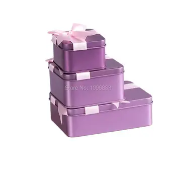 Квадратная Бонбоньерка лавандового Фиолетового цвета, коробка конфет, подарочная упаковка, пустая жестяная металлическая коробка с лентой, 20 шт./лот Изображение
