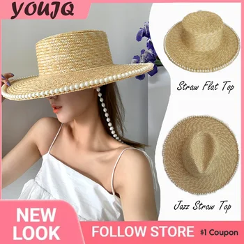 Классические шляпы из пшеничной соломы, Плоская шляпа-канотье с широкими полями, шляпа с жемчужной цепочкой, Летние солнцезащитные шляпы для женщин, Элегантные женские дерби Gorras Изображение