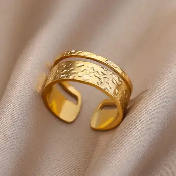 Кольца из нержавеющей стали для женщин, мужчин, Золотого цвета, Открытое Обручальное кольцо для Свадебной вечеринки, Женские модные украшения на палец, подарок на День рождения Изображение