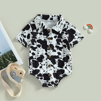 Комбинезон на пуговицах для маленьких мальчиков, Повседневный летний Черно-белый комбинезон с рисунком коровы и коротким рукавом для новорожденных, одежда для младенцев Изображение