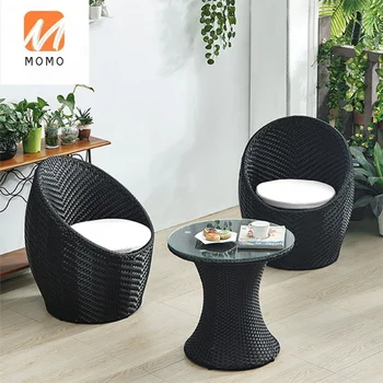 Круглый стул из ротанга для отдыха на открытом воздухе, уличная мебель для террасы, чайный столик из ротанга из 3 предметов, стул Изображение