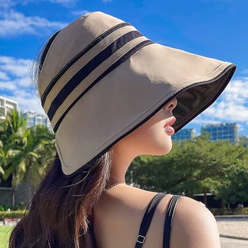 Летние Солнцезащитные шляпы для женщин и девочек, Регулируемая Элегантная Пляжная шляпа с широкими полями, защищающая от ультрафиолета, Дышащая Складная панама, шляпа с Конским хвостом Изображение