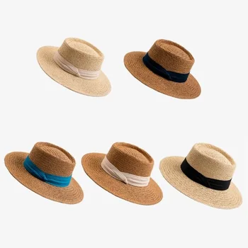 Летняя женская соломенная шляпа YIPAN005, Новая яркая соломенная шляпа с лентой, ковбойские шляпы с плоскими полями, Панама, солнцезащитные шляпы Изображение