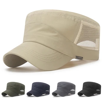 Летняя сетчатая шляпа с плоским верхом, мужские винтажные военные кепки, регулируемая мужская женская кадетская армейская кепка, уличная солнцезащитная кепка для рыбака Изображение
