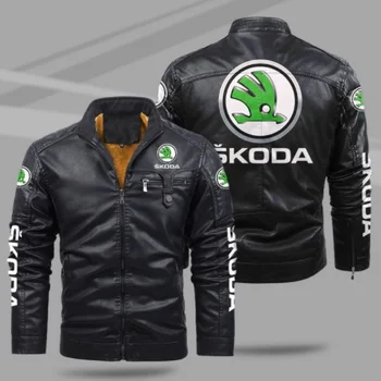 Логотип автомобиля SKODA Мотоциклетная куртка из искусственной кожи в стиле пэчворк, байкерские куртки, Повседневное пальто на молнии, Мужская мотоциклетная куртка, Верхняя одежда, пальто Изображение