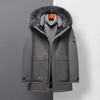 Меховой воротник, толстое зимнее мужское пальто, водонепроницаемые пуховики, Теплые мужские ветровки, пальто на 90% белом утином пуху -30 градусов Изображение