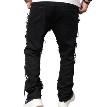 Многослойные джинсы для мужчин, рваные джинсы, облегающие многослойные джинсовые брюки, винтажные джинсы в стиле хип-хоп в стиле пэчворк, уличные брюки Изображение