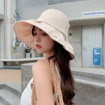 Модная летняя весенняя панама для женщин, корейская кепка с защитой от ультрафиолета, Рыбацкая кепка с большими полями, Складная солнцезащитная хлопковая уличная пляжная шляпа от солнца Изображение