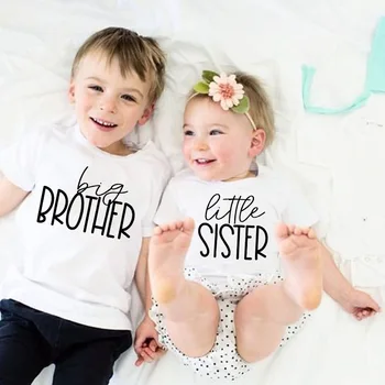 Модная футболка в тон для брата и сестры, Детская Белая летняя футболка с круглым вырезом и надписью 