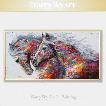Модный дизайн, ручная роспись 2 лошадей, картина маслом на холсте, насыщенные цвета, абстрактное животное, лошадь, картина маслом для украшения стен Изображение