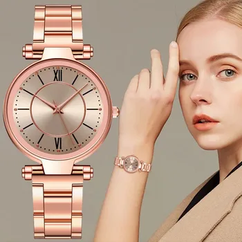 Модный женский ремень из розового золота со стальной застежкой, кварцевые часы, высококачественные незаменимые украшения для женщин Изображение