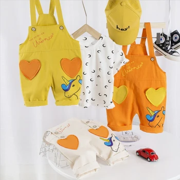 Модный комплект одежды для маленьких девочек, комбинезон с единорогом + футболка с луной, летняя детская одежда для девочек Изображение