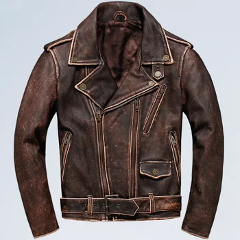 Мужская американская байкерская кожаная куртка Плюс Размер 5XL Коричневая из натуральной воловьей кожи Винтажное мотоциклетное Европейское пальто Изображение