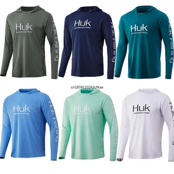 Мужская простая лаконичная рубашка HUK для рыбалки с длинным рукавом, Защита от ультрафиолета, Пальто с капюшоном, Солнцезащитный крем, Дышащие противомоскитные характеристики Изображение