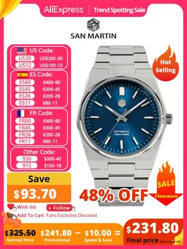 Мужские часы San Martin 40 мм Miyota 9015, Классическое Роскошное Платье, Автоматические механические часы, Быстросъемный браслет из нержавеющей стали Изображение