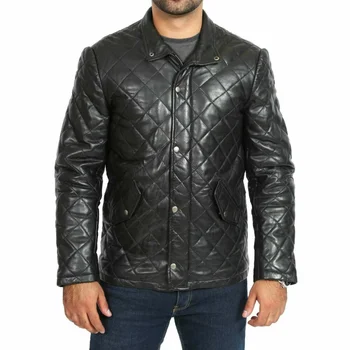 Мужское стильное Стеганое пальто из натуральной кожи из натуральной овечьей кожи, черная байкерская мотокуртка Изображение