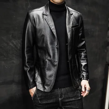 Мужской костюм в корейском стиле, пальто с воротником, Тренд, приталенная Кожаная куртка, Мужская мода 2022, Новый стиль, пальто из искусственной кожи Изображение