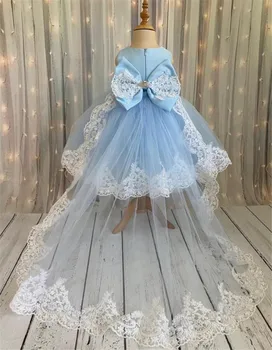 Небесно-Голубое платье в цветочек для девочек с длинным шлейфом, платье Принцессы для девочек, платье для свадебной вечеринки, Платья для девочек на День рождения, Модные Винтажные платья для девочек Изображение