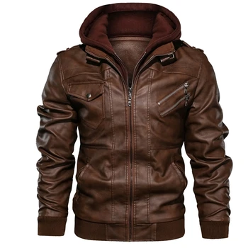 Новая Мужская кожаная куртка, осенне-зимняя повседневная байкерская кожаная куртка, Съемная мужская куртка с капюшоном Изображение