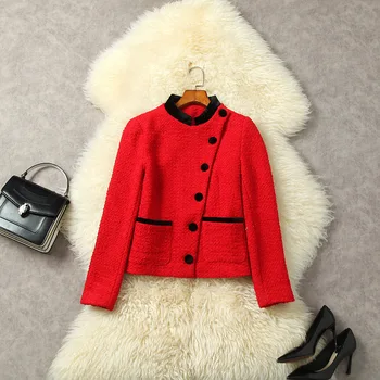 Новая европейская и американская женская одежда на зиму 2022 года с длинным рукавом и воротником-стойкой, однобортное красное модное твидовое пальто Изображение